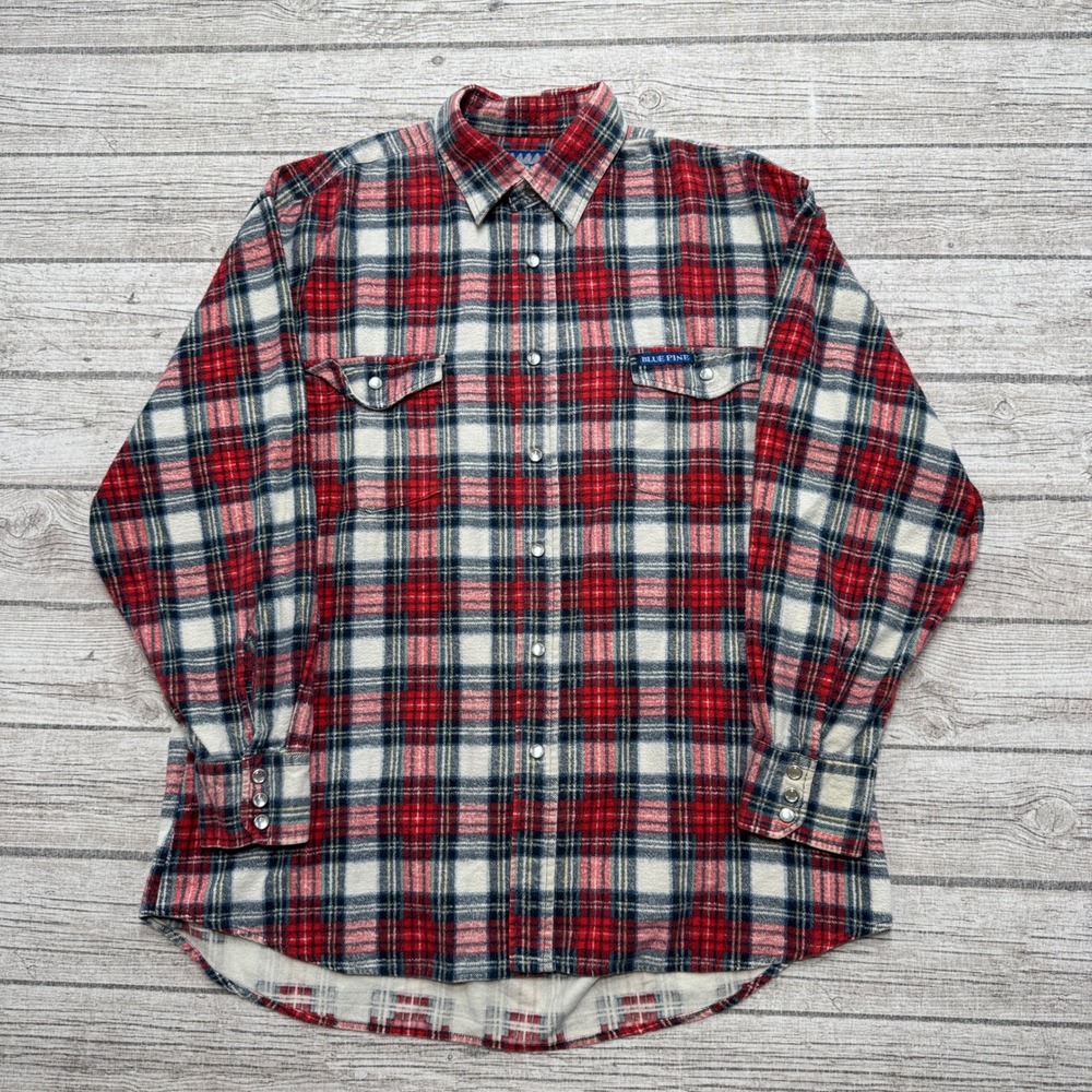 Blue Pine Flannel Shirt Mens Large Red White Plaid Pearl Snap Long Sleeve Preppy